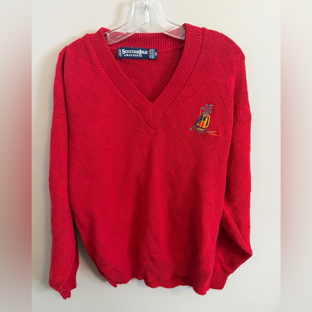 Vintage Scotish Isles golf V neck textured sweater hand framed cotton M